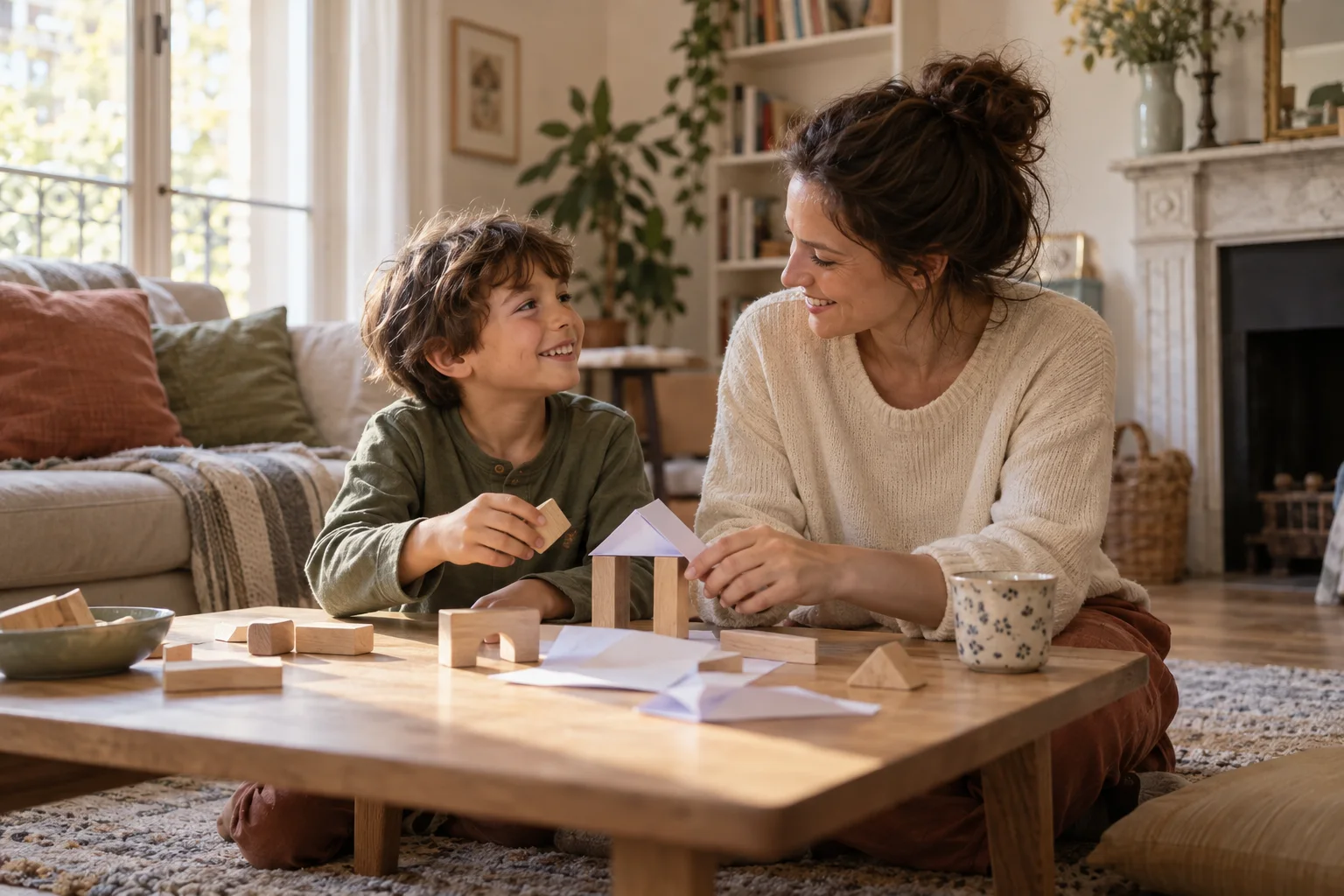 Un parent et son enfant construisent ensemble avec des blocs et du papier.