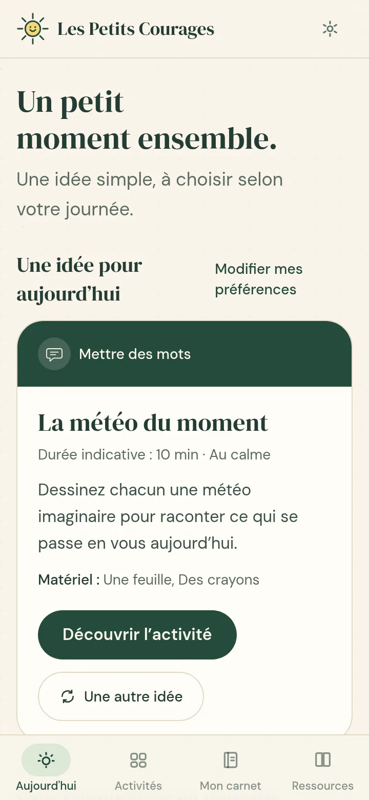 Capture réelle de l’application — écran « Aujourd’hui ».